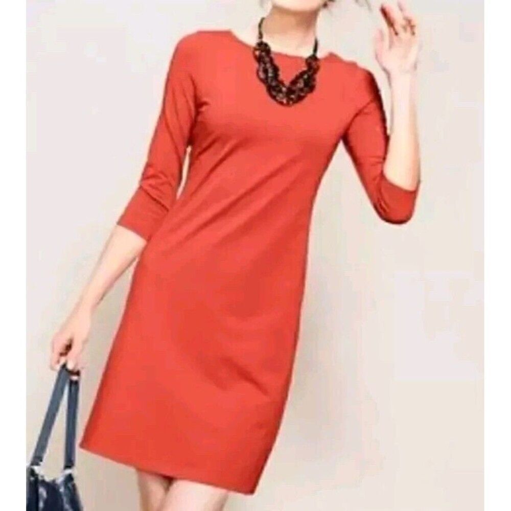 Garnet Hill Calais Dress A -Line Shift Coral Tangerine 3/4 Sleeve Dress Size M